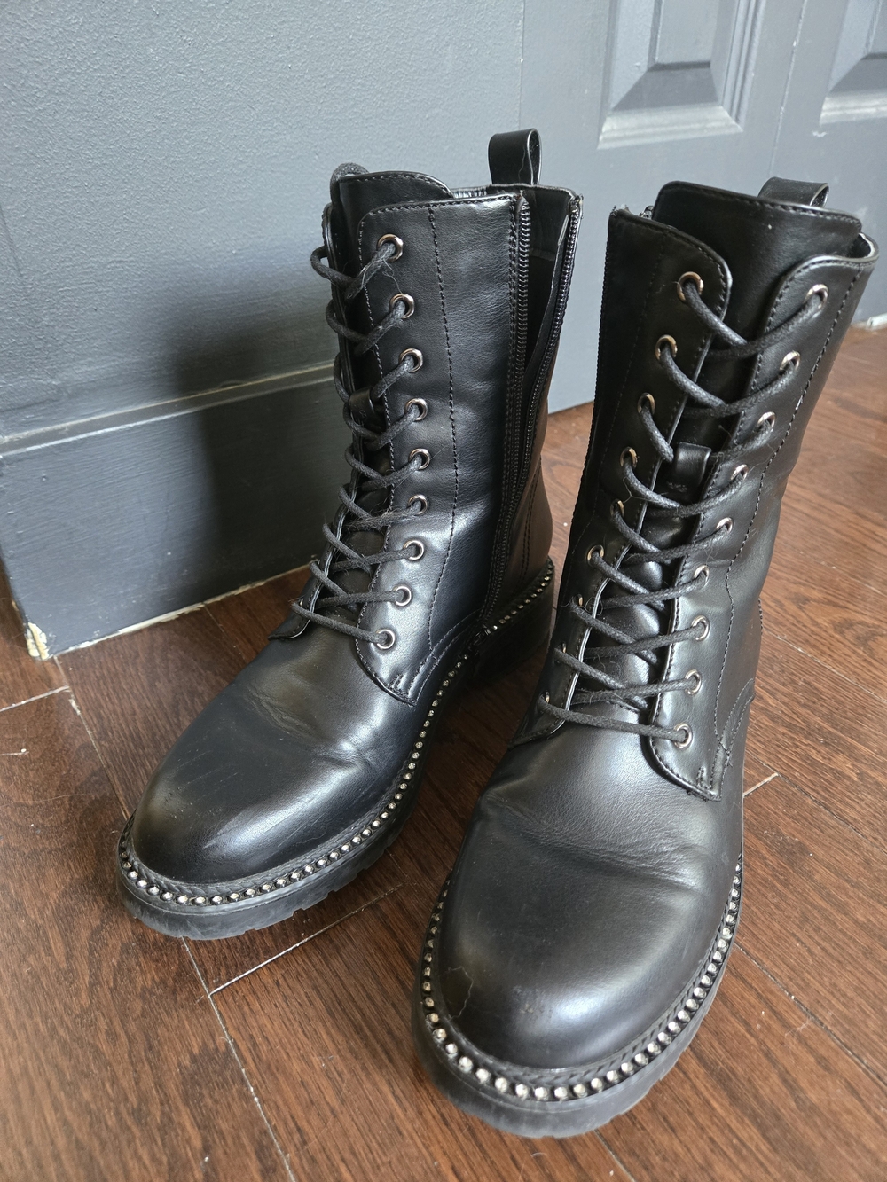 Black Rhinestone Lace-Up Combat Boots